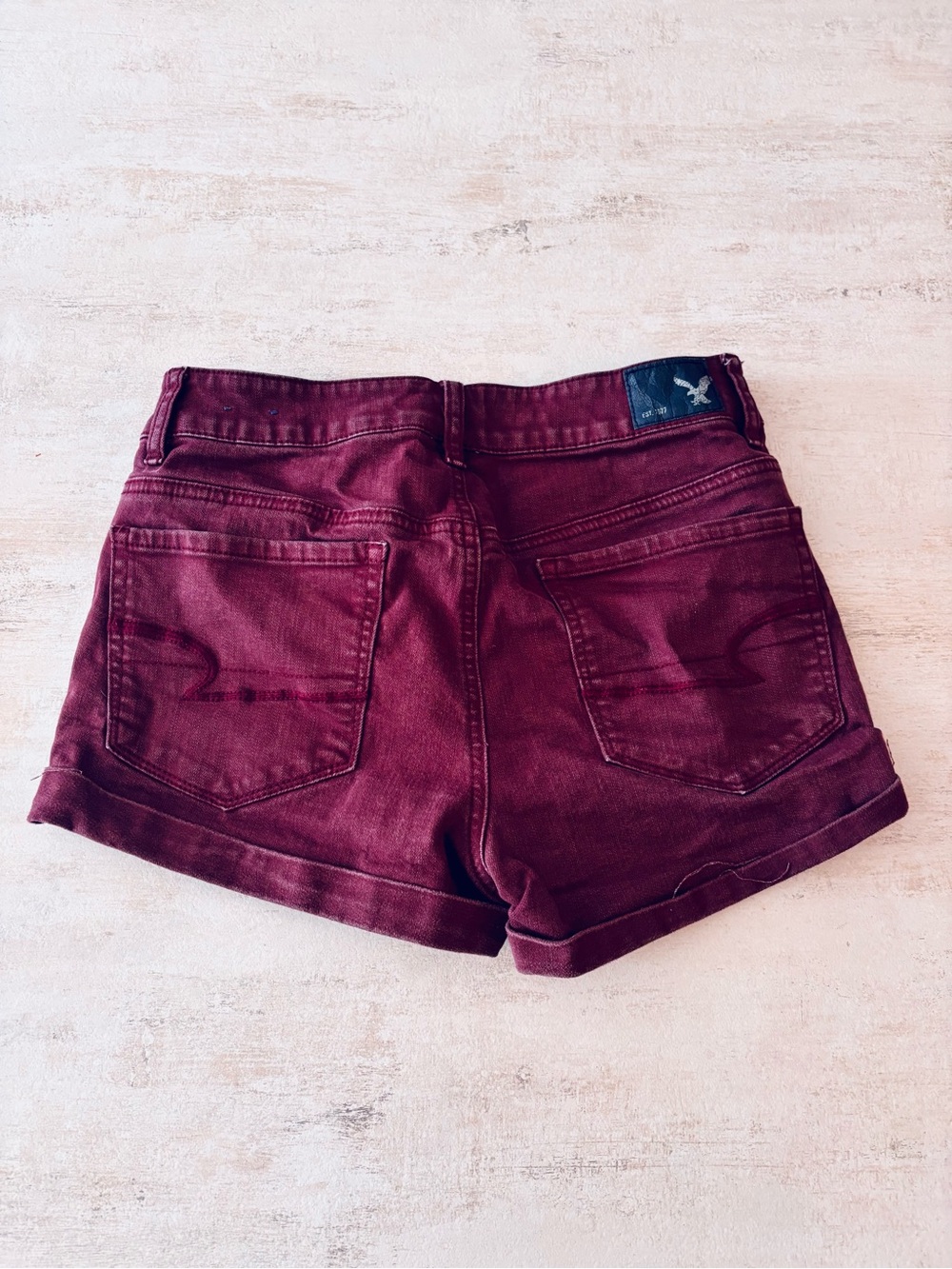 American Eagle Maroon Hi-Rise Shortie Super Super Stretch Jean Shorts